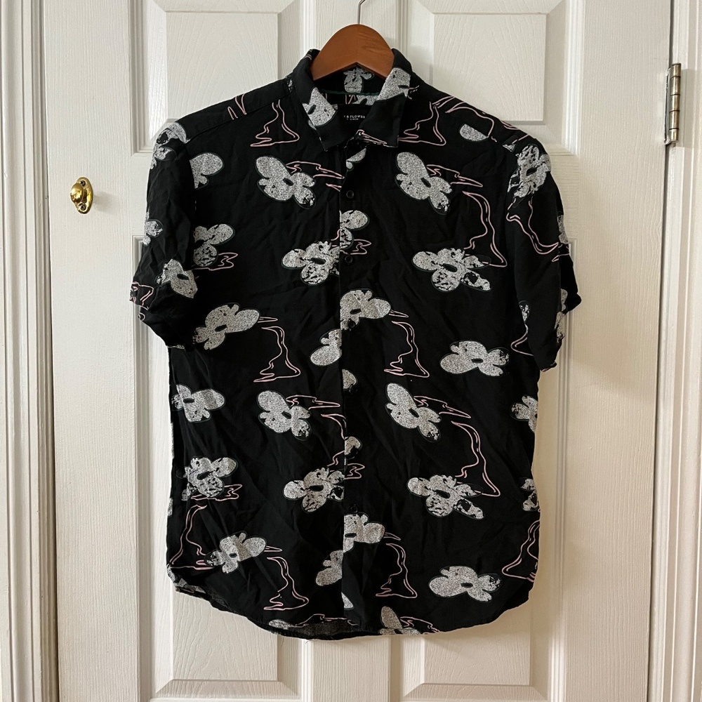 Denim & flower black pink green abstract print s/s shirt